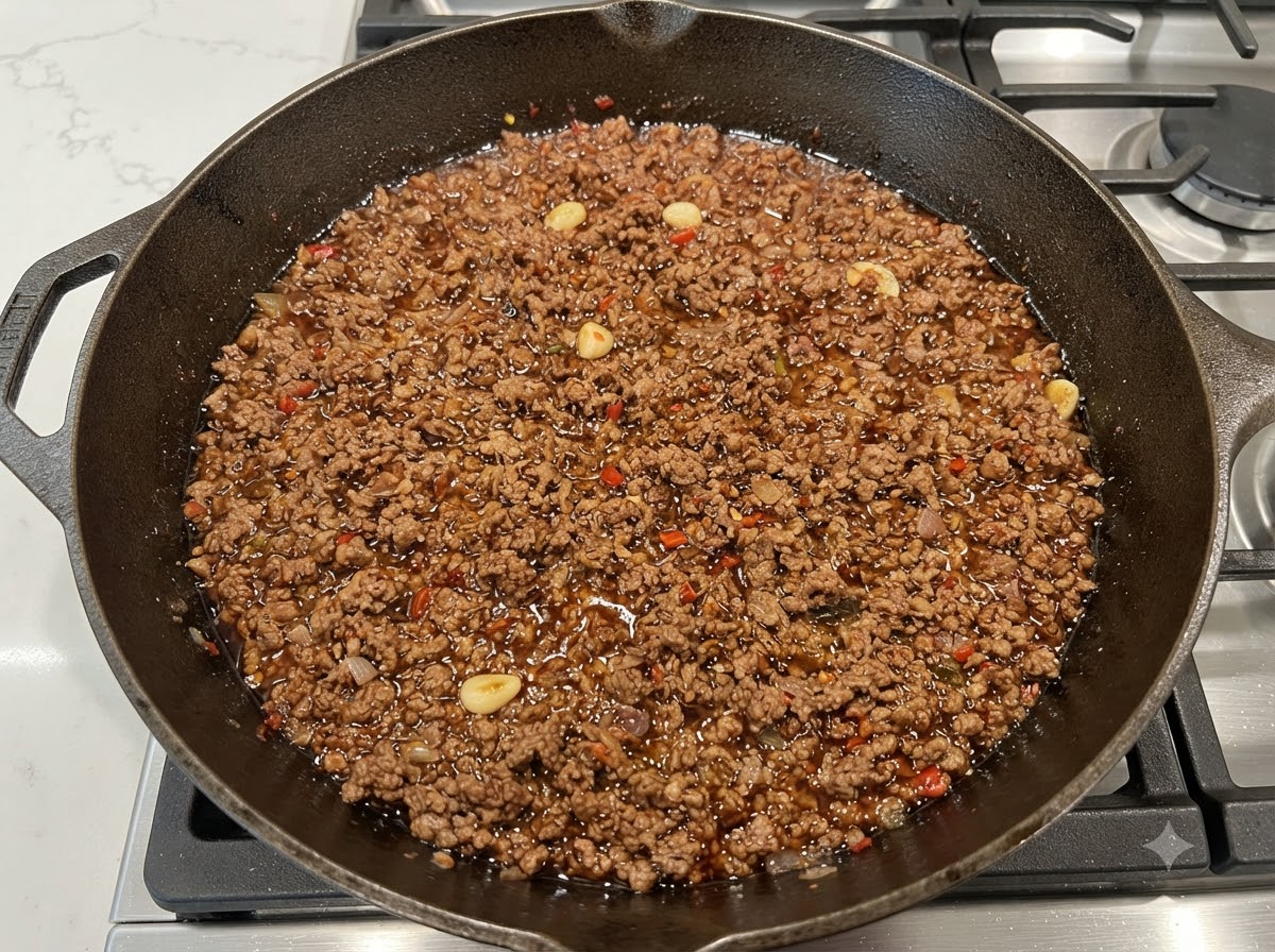 Mestolo in metallo che gira la ricca e scura salsa di carne in una padella di ghisa.