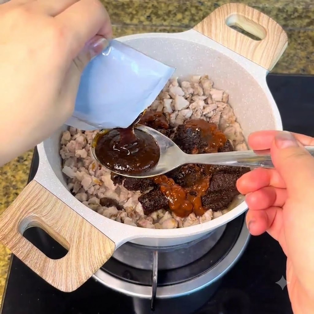 Salse e condimenti aggiunti con un cucchiaio alla carne cotta nella pentola.