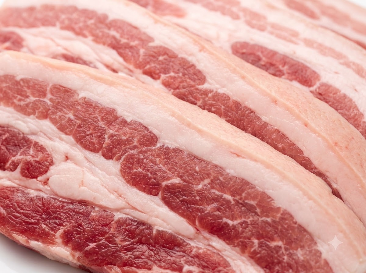 Strisce di pancetta di maiale fresca cruda in un vassoio di metallo mentre vengono pierce più volte con una forchetta di metallo.