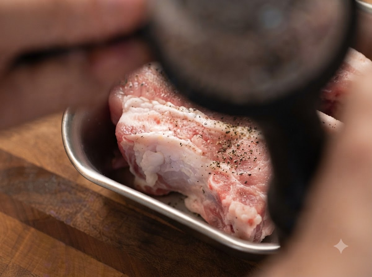 Macinare il pepe nero su strisce di pancetta di maiale cruda disposte ordinatamente in un vassoio di metallo.