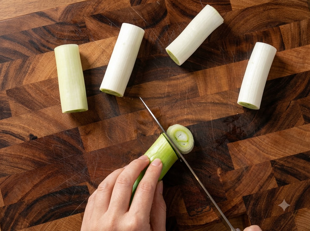 Un coltello da cucina che affetta un gambo di cipollotto spesso in pezzi cilindrici su un tagliere di legno.