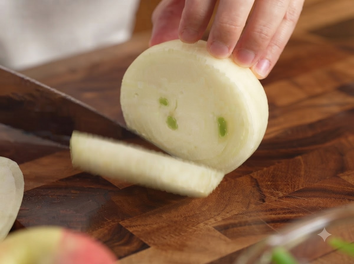 Un coltello da chef che affetta una cipolla bianca intera in rotوند spesse e uniformi su un tagliere di legno.