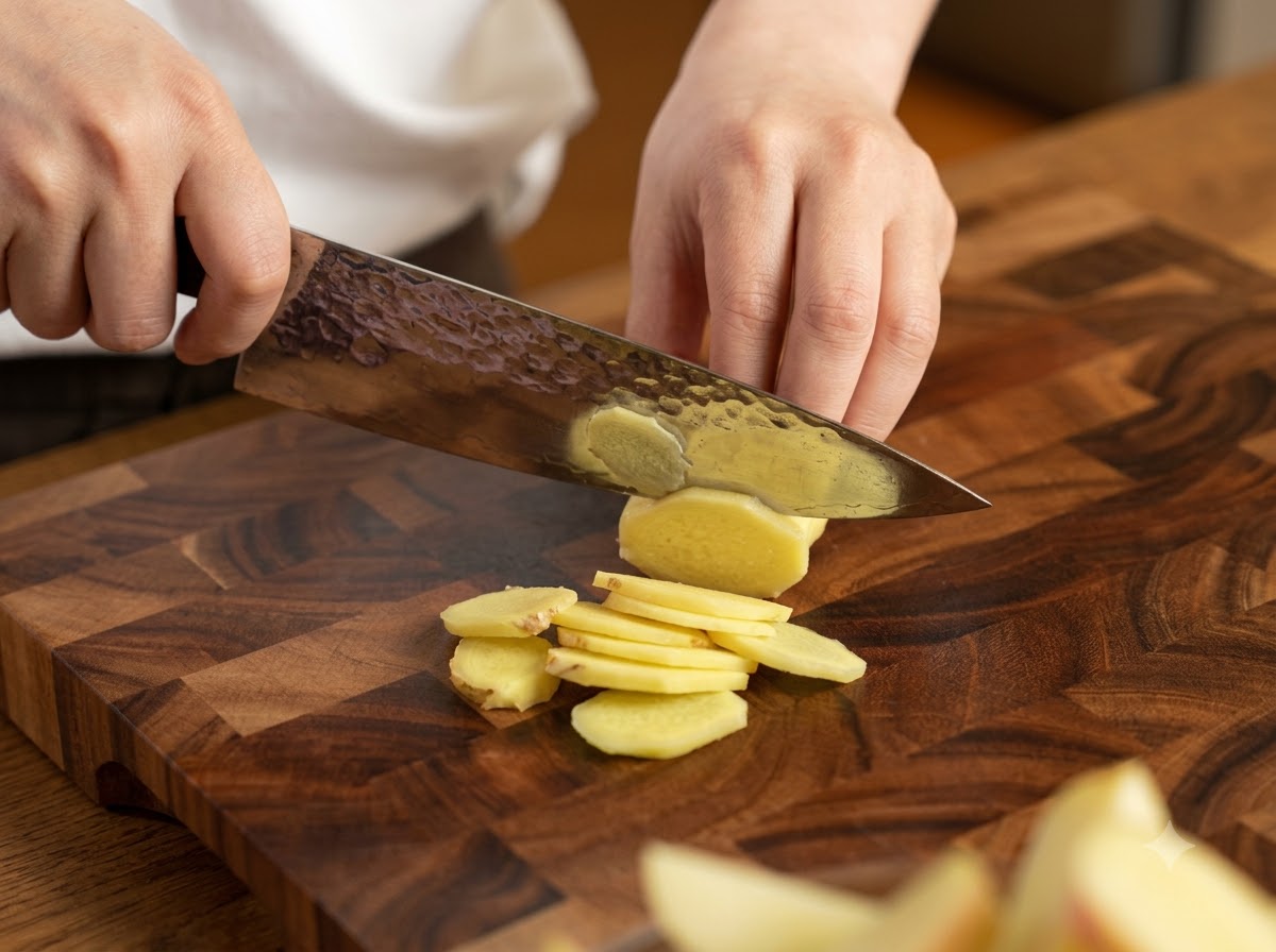 Una mano che tiene un coltello per affettare radice di zenzero fresca in rotوند sottili su un tagliere di legno.