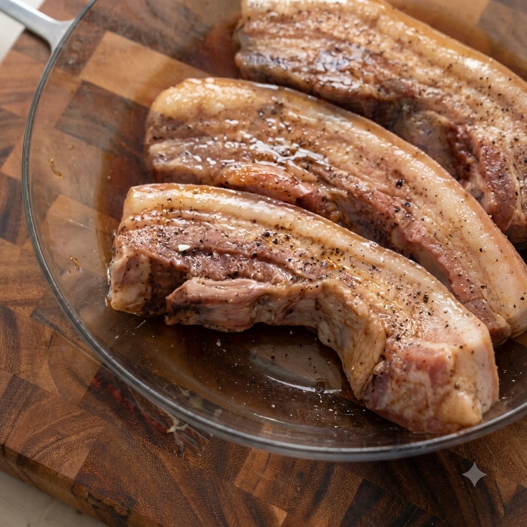 Strisce di pancetta di maiale condite con pepe nero che riposano in una ciotola di vetro trasparente.