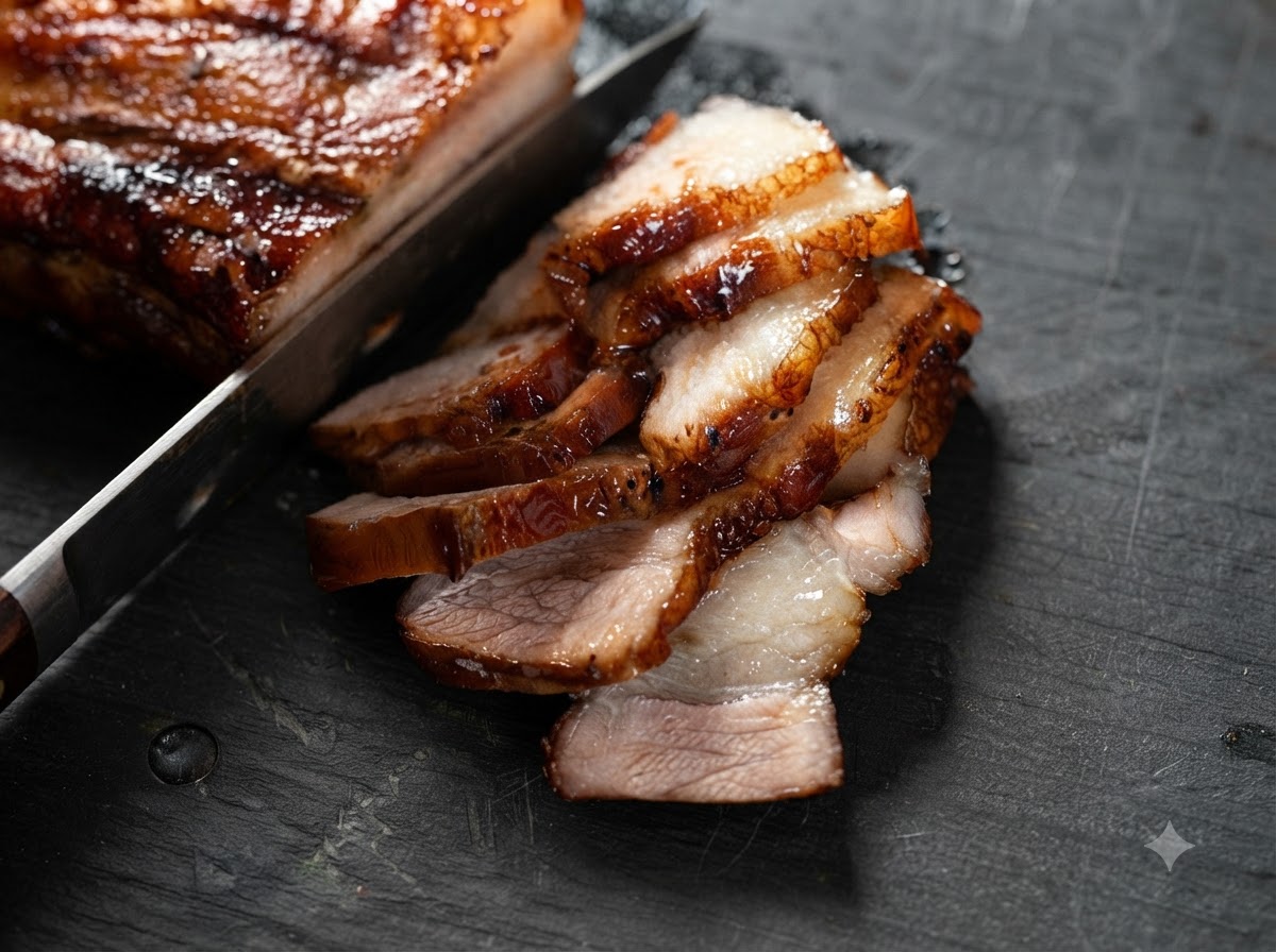 Pancetta di maiale cotta che viene affettata in strisce sottili su un tagliere con un coltello.