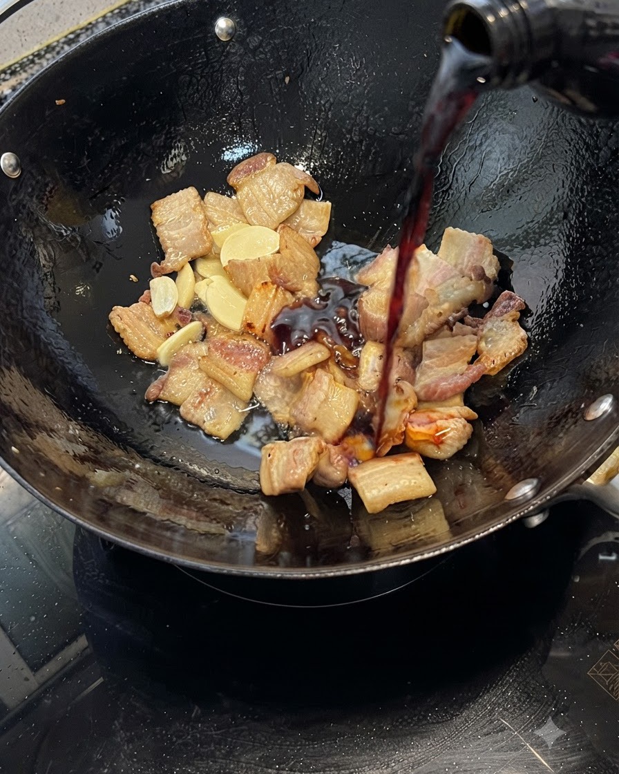 Salsa di soia che viene versata da una bottiglia sulla pancetta di maiale e sullaglio in un wok.