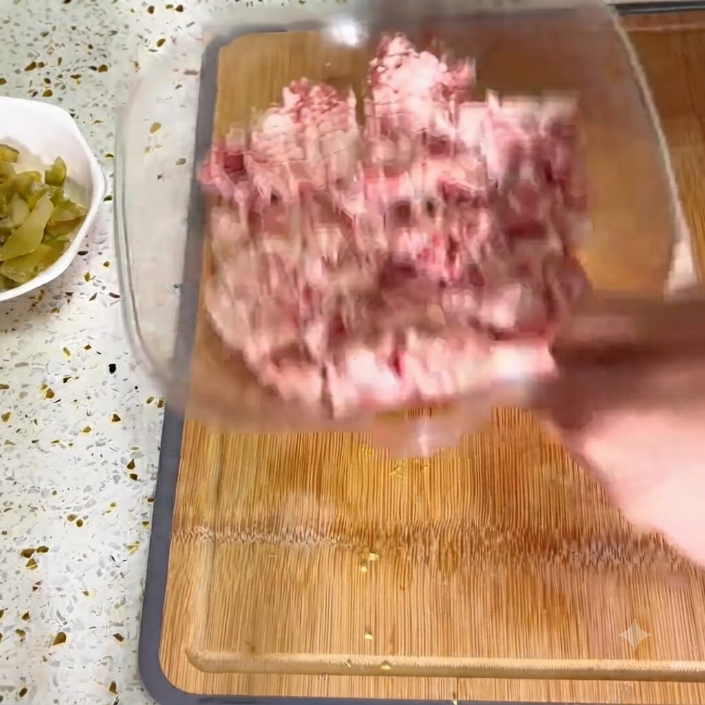 Zenzero tritato finemente aggiunto in una ciotola di vetro trasparente piena di carne macinata su un tagliere di legno.