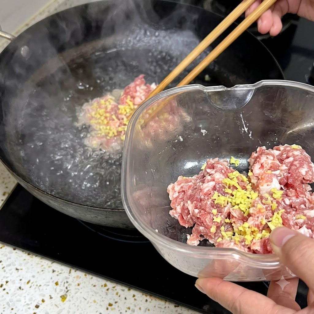 Carne macinata con zenzero aggiunta in acqua bollente in un wok nero usando bacchette di legno.