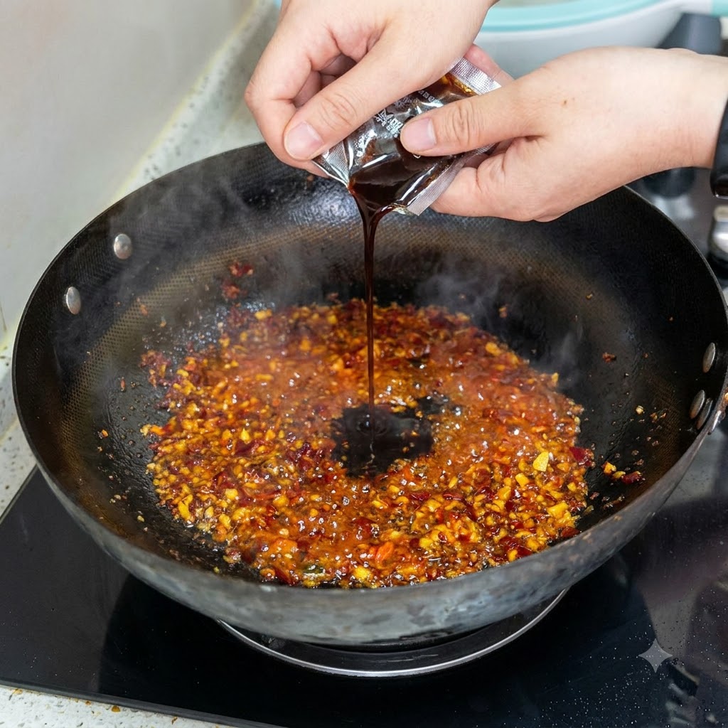 Salsa di fagioli dolci versata da una confezione in un composto frizzante di peperoncino e olio in un wok nero.