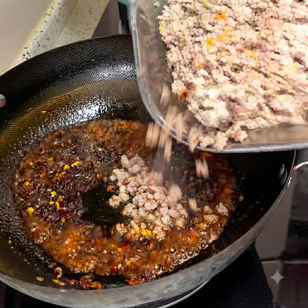 Carne macinata sbollentata versata da una ciotola di vetro in un wok pieno di olio condito rosso.