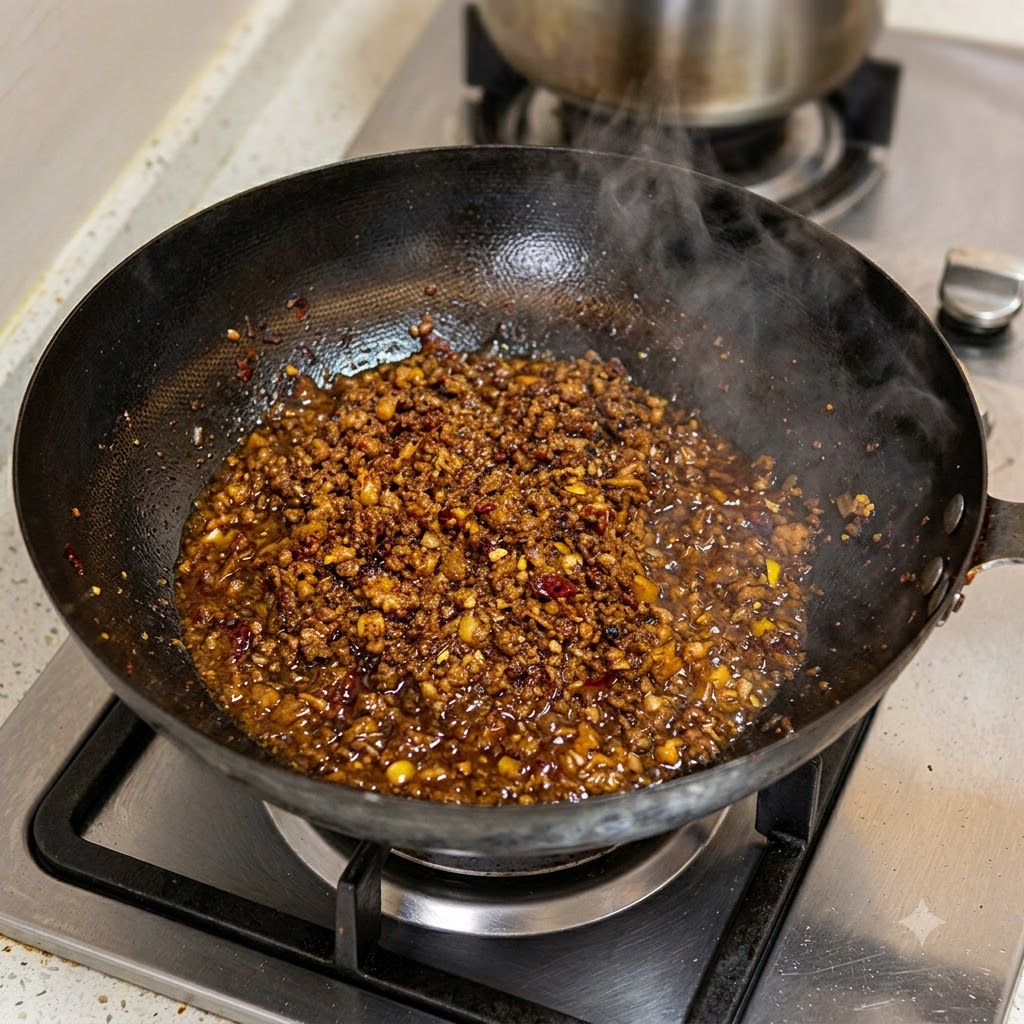 Carne macinata che frigge in un wok con vapore visibile che sale dalla superficie calda.