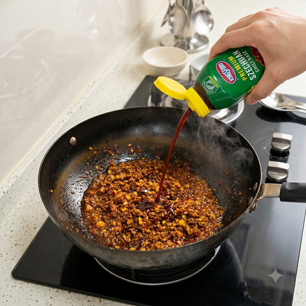 Salsa di soia scura versata da una bottiglia verde in un wok contenente la salsa di carne in cottura.