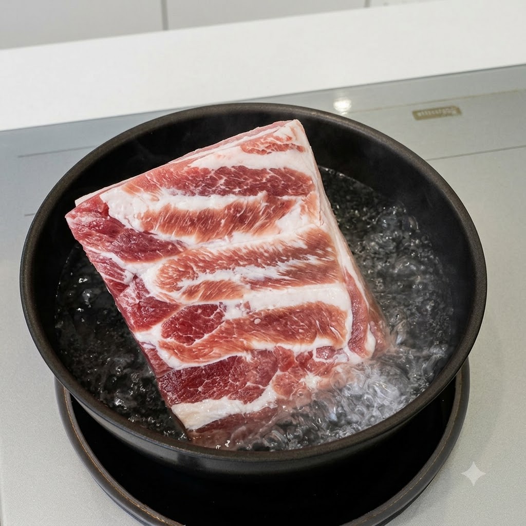 Un pezzo di pancia di maiale crudo e quadrato che bolle allinterno di una pentola nera poco profonda riempita di acqua bollente.
