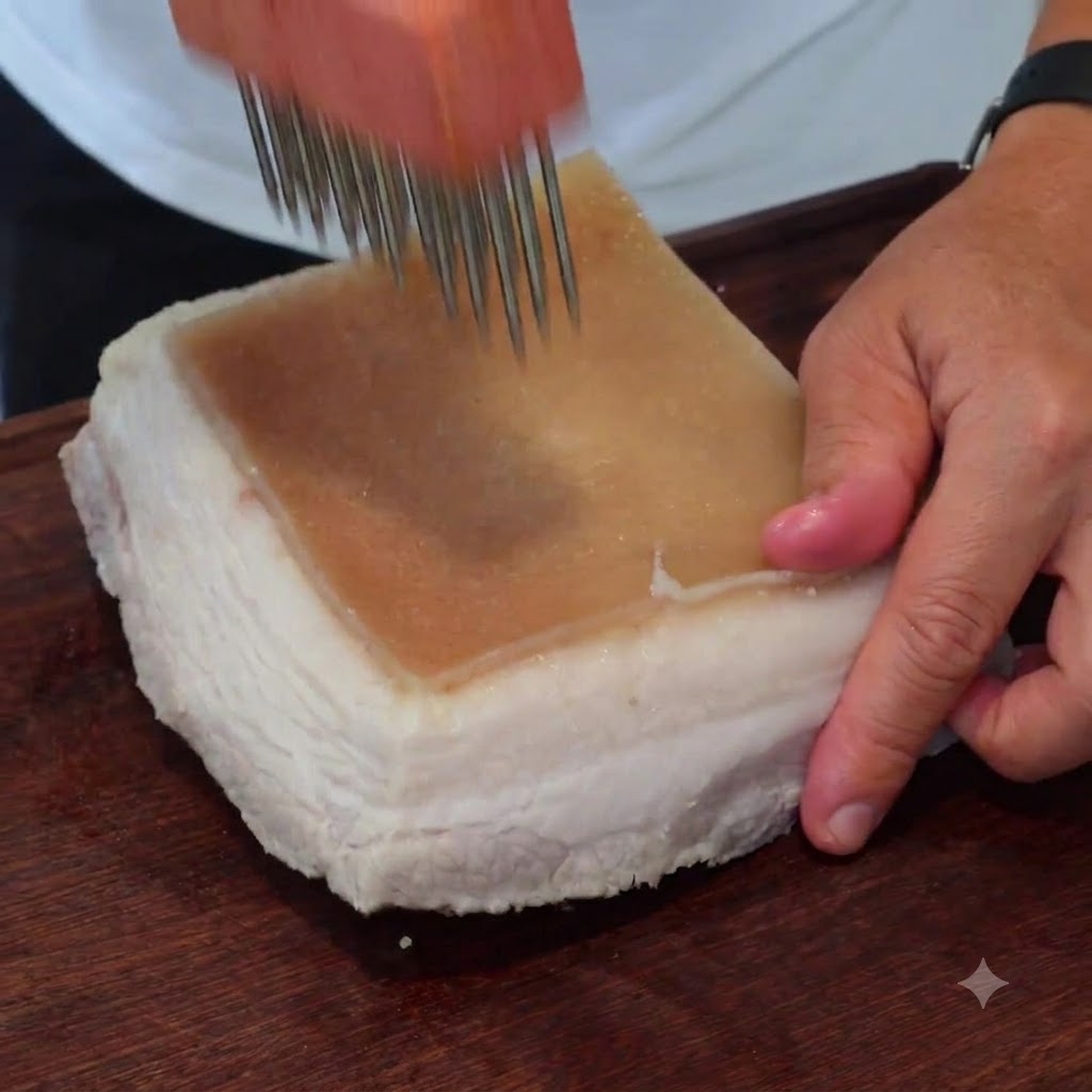 Una persona che tiene un pungicarne con manico di legno, mentre fora ripetutamente lo strato di pelle dura di un pezzo di pancia di maiale.