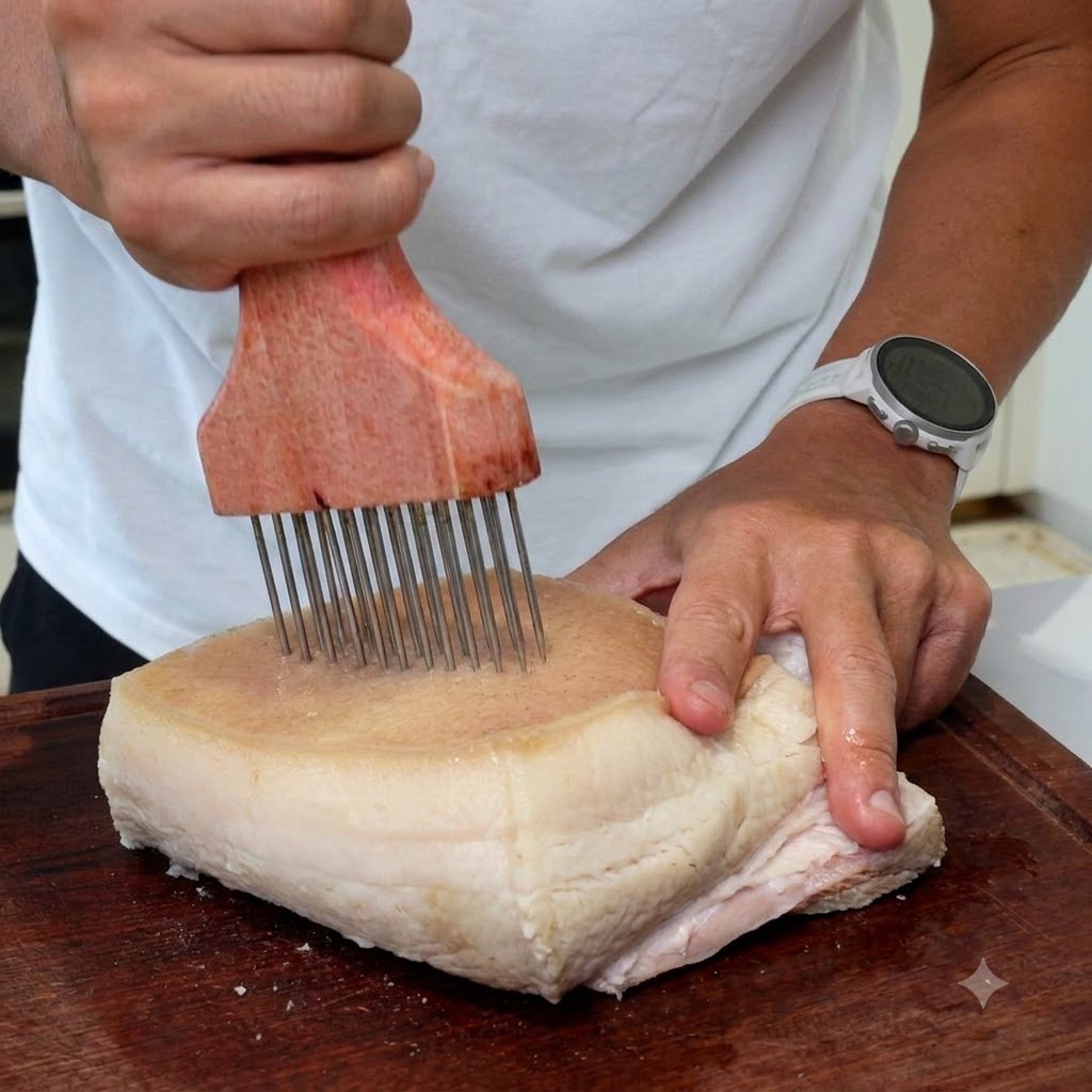 Mani che tengono un attrezzo per pungere la carne sopra un blocco di pancia di maiale capovolto su una superficie di legno.