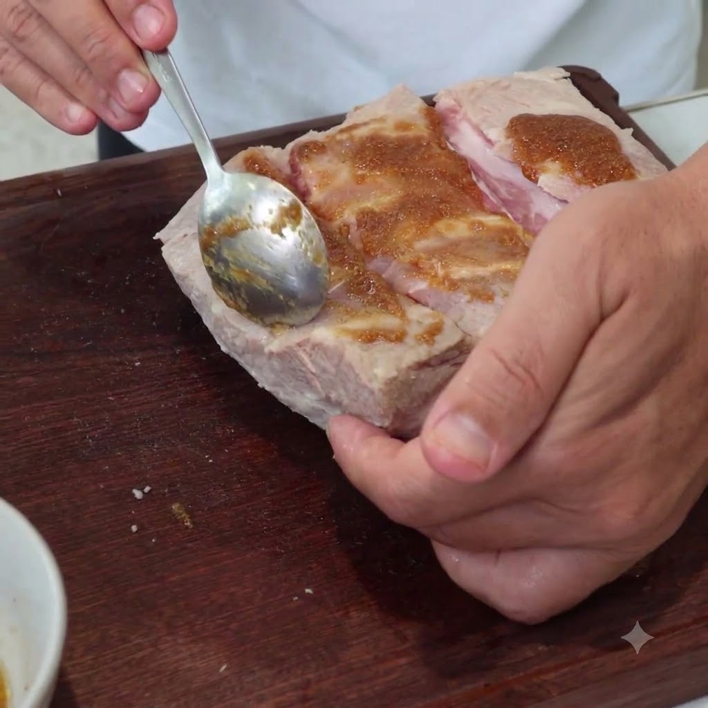 Un cucchiaio che spalma una pasta di condimento marrone sulla superficie incisa di un pezzo di pancia di maiale.