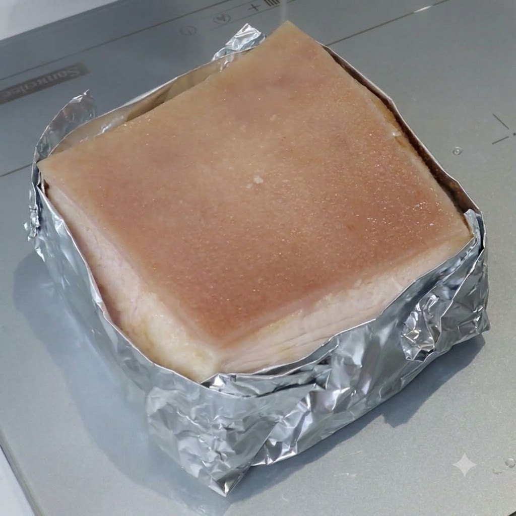 Un blocco quadrato di pancia di maiale avvolto nella carta stagnola con la pelle superiore spennellata con una miscela liquida.