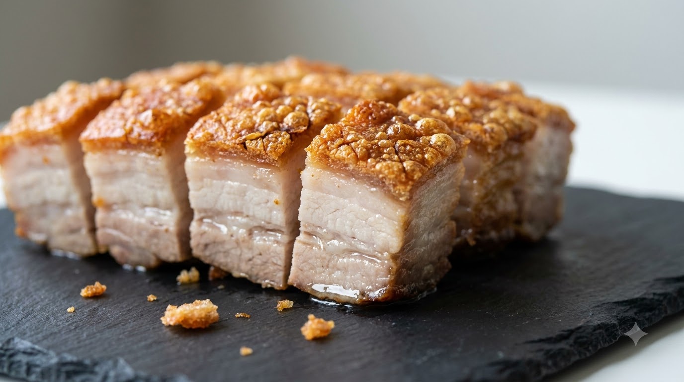 Fette di pancia di maiale arrosto croccanti disposte su un piatto di ardesia scura, che mostrano la pelle dorata e croccante e strati di carne succosi.