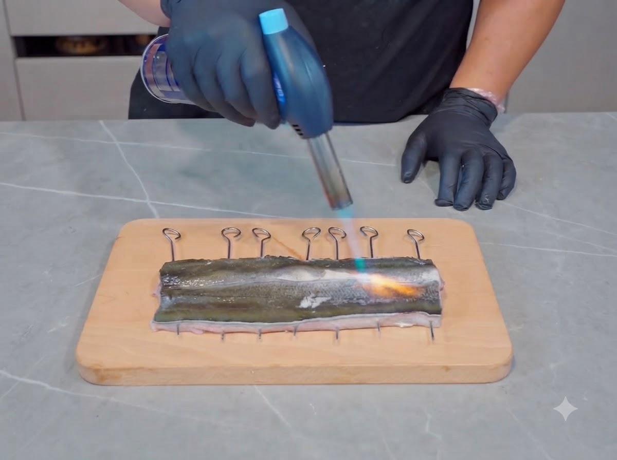 Un cannello da cucina applicato sulla superficie di un filetto di anguilla pulito su un tagliere di legno.