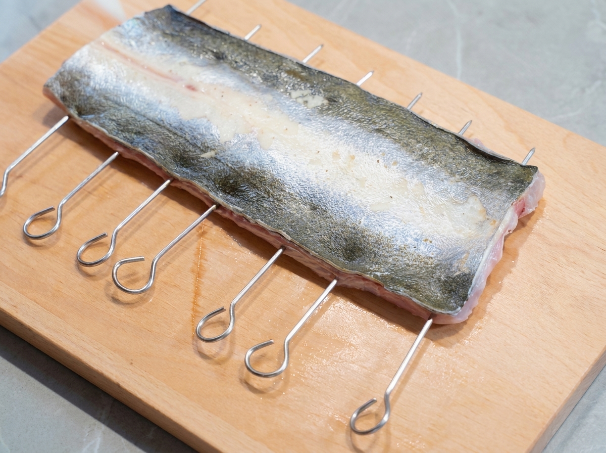Forbici da cucina che tagliano le pinne lungo il lato di un filetto di anguilla preparato su un tagliere di legno.