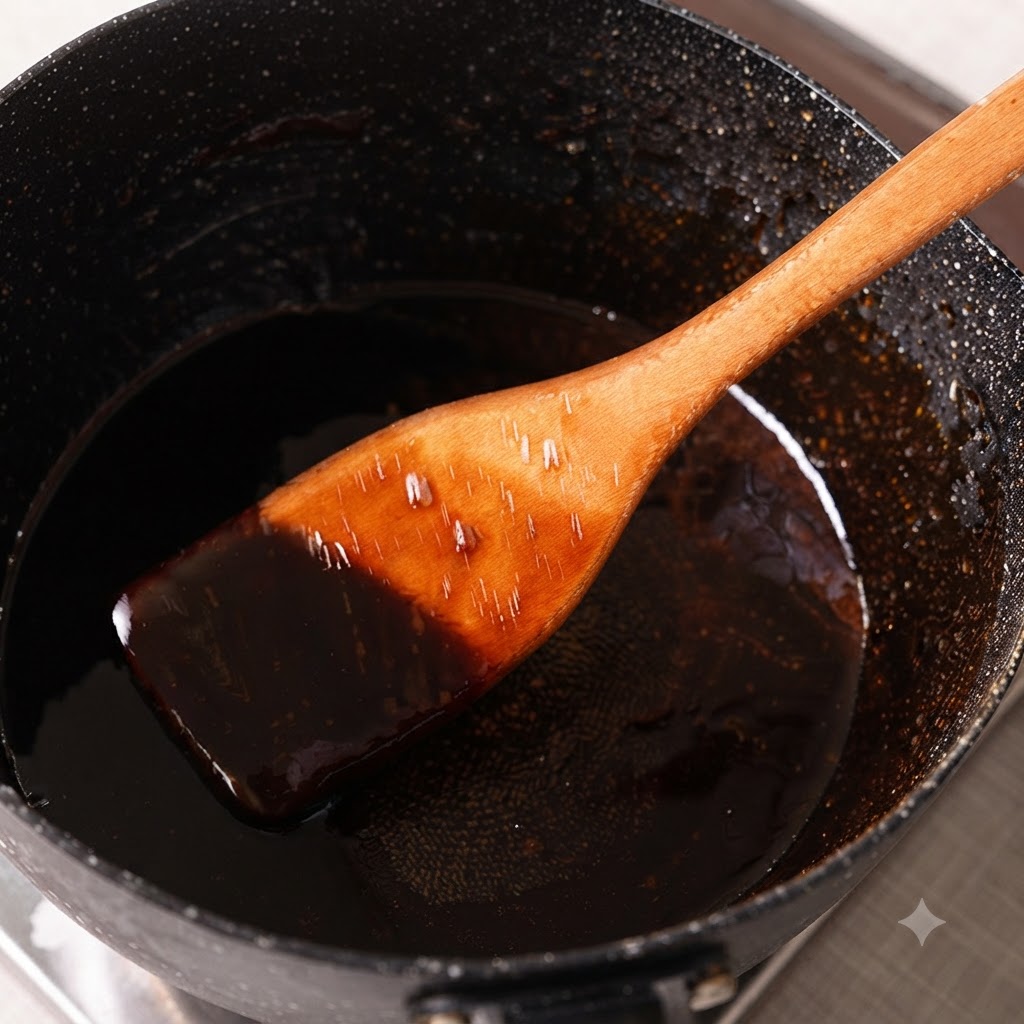 Una spatola di legno che mescola una salsa densa, scura e lucida in una pentola nera maculata.