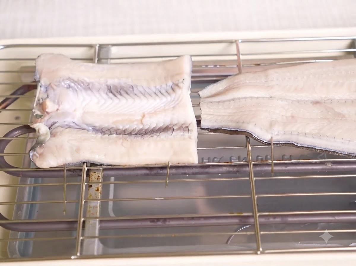Due pezzi di anguilla sventrata, cruda e infilzata posti su una griglia di metallo sopra un grill elettrico.