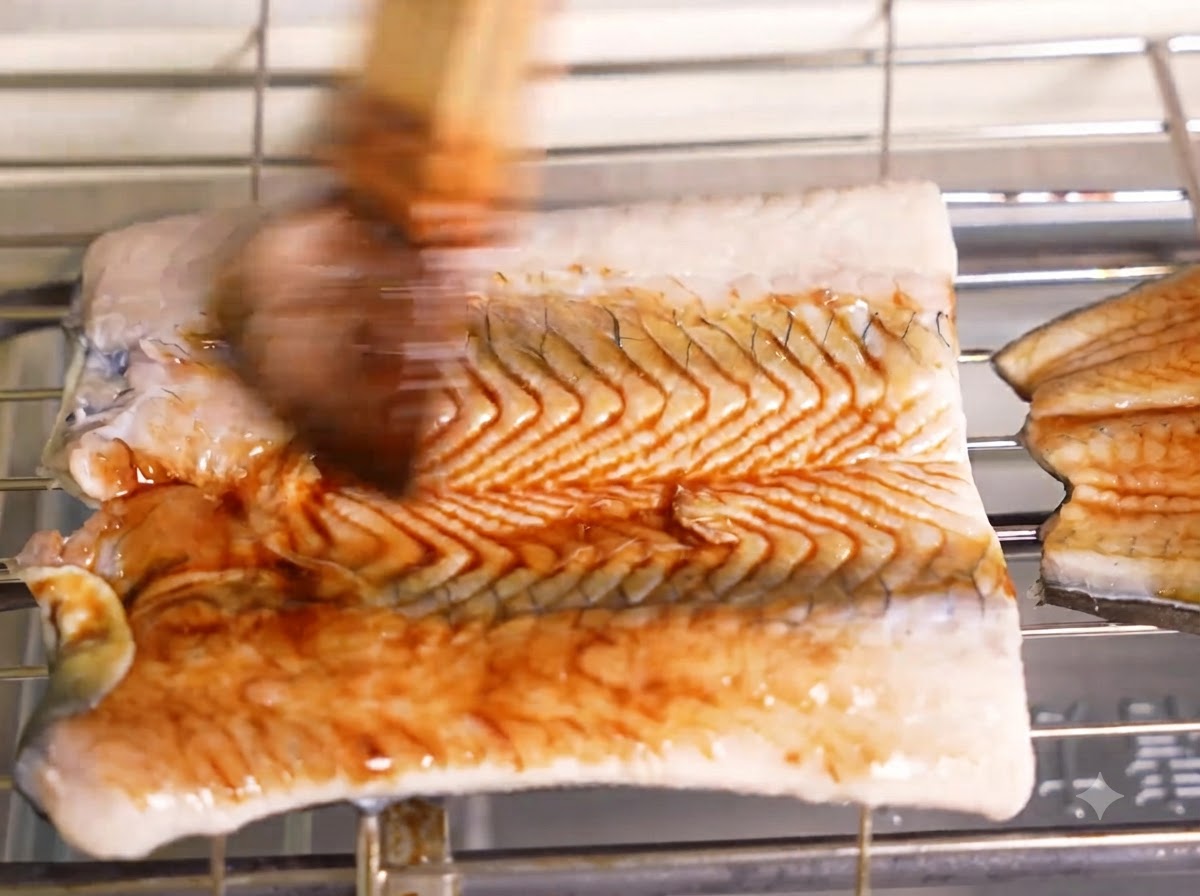Un pennello da cucina che applica una glassa scura e lucida su un pezzo di anguilla che griglia su una griglia di metallo.