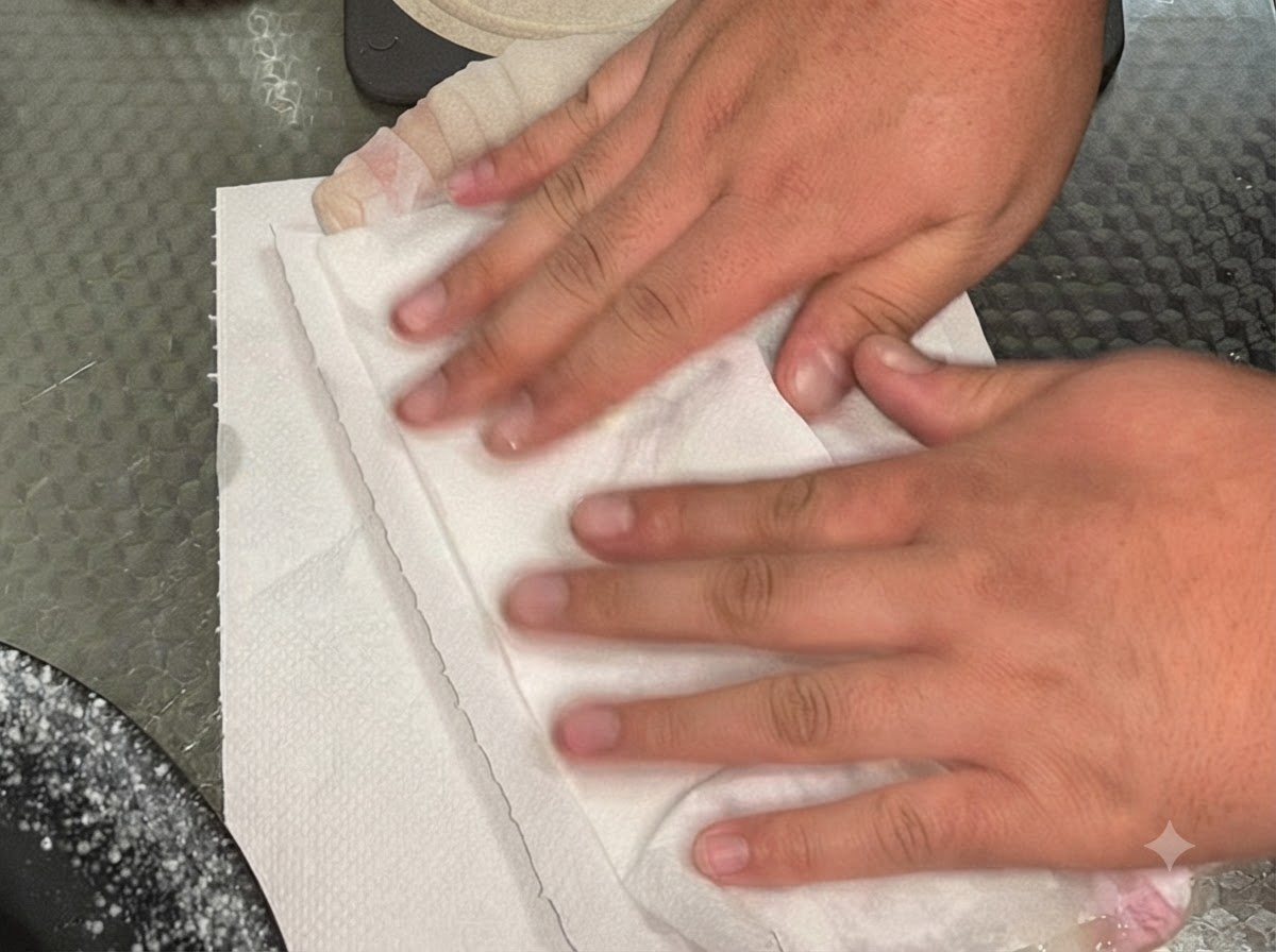 Mani che premono carta da cucina bianca sui filetti di anguilla cruda marinata per assorbire lumidità in eccesso.