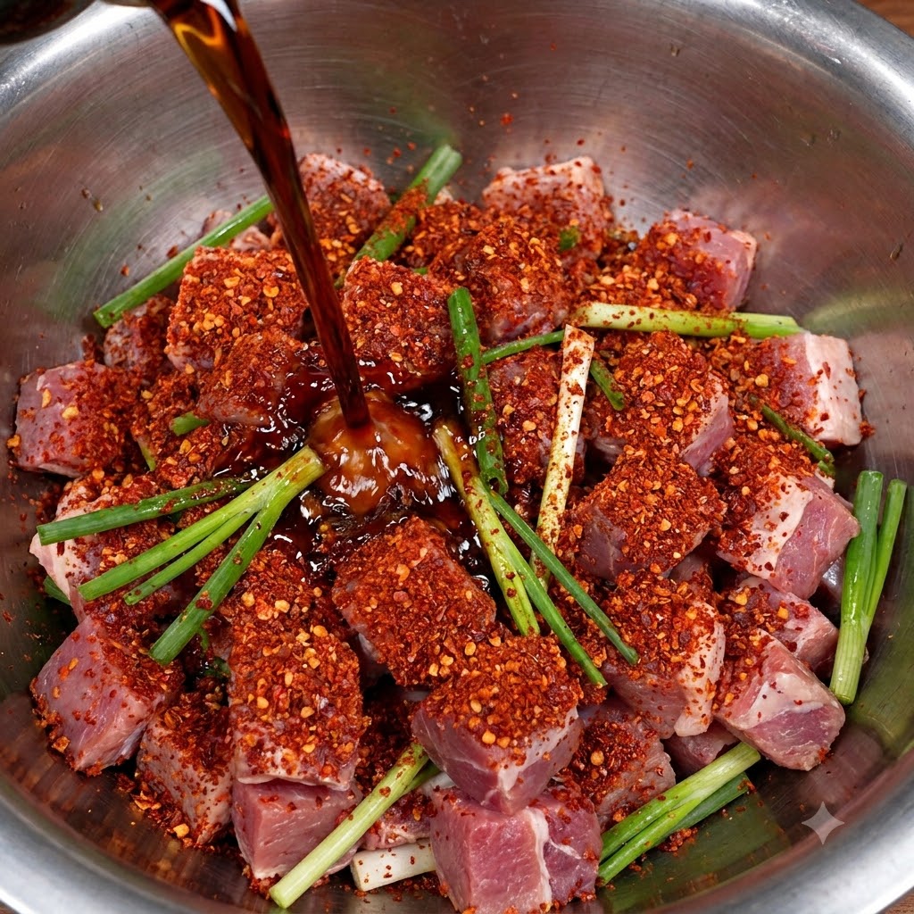 Vino da cucina scuro versato da un contenitore direttamente sulla ciotola di costine e spezie.