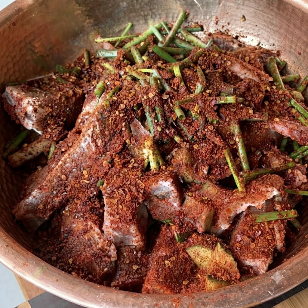 Salsa di ostriche scura aggiunta al composto di costine condite.