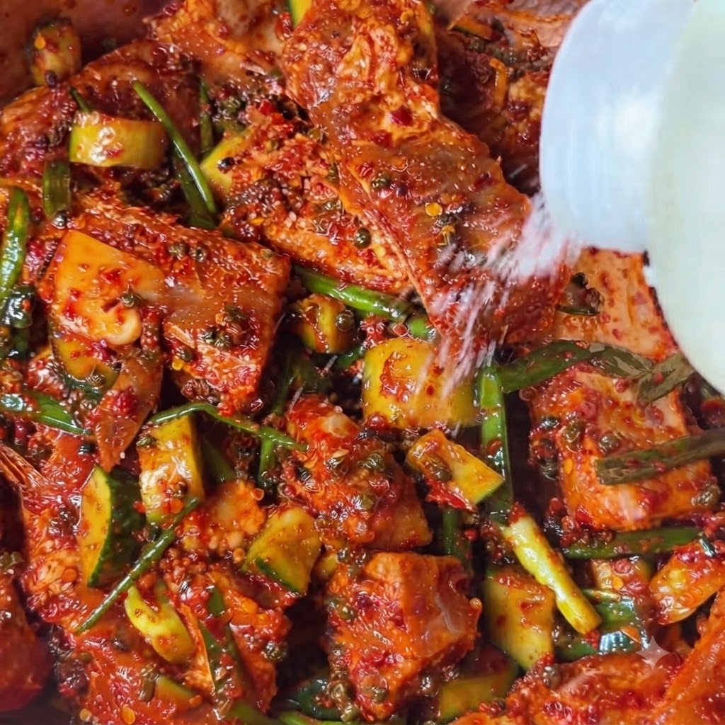Zucchero bianco spruzzato da una bottiglia sui pezzi di costine rosse marinate.