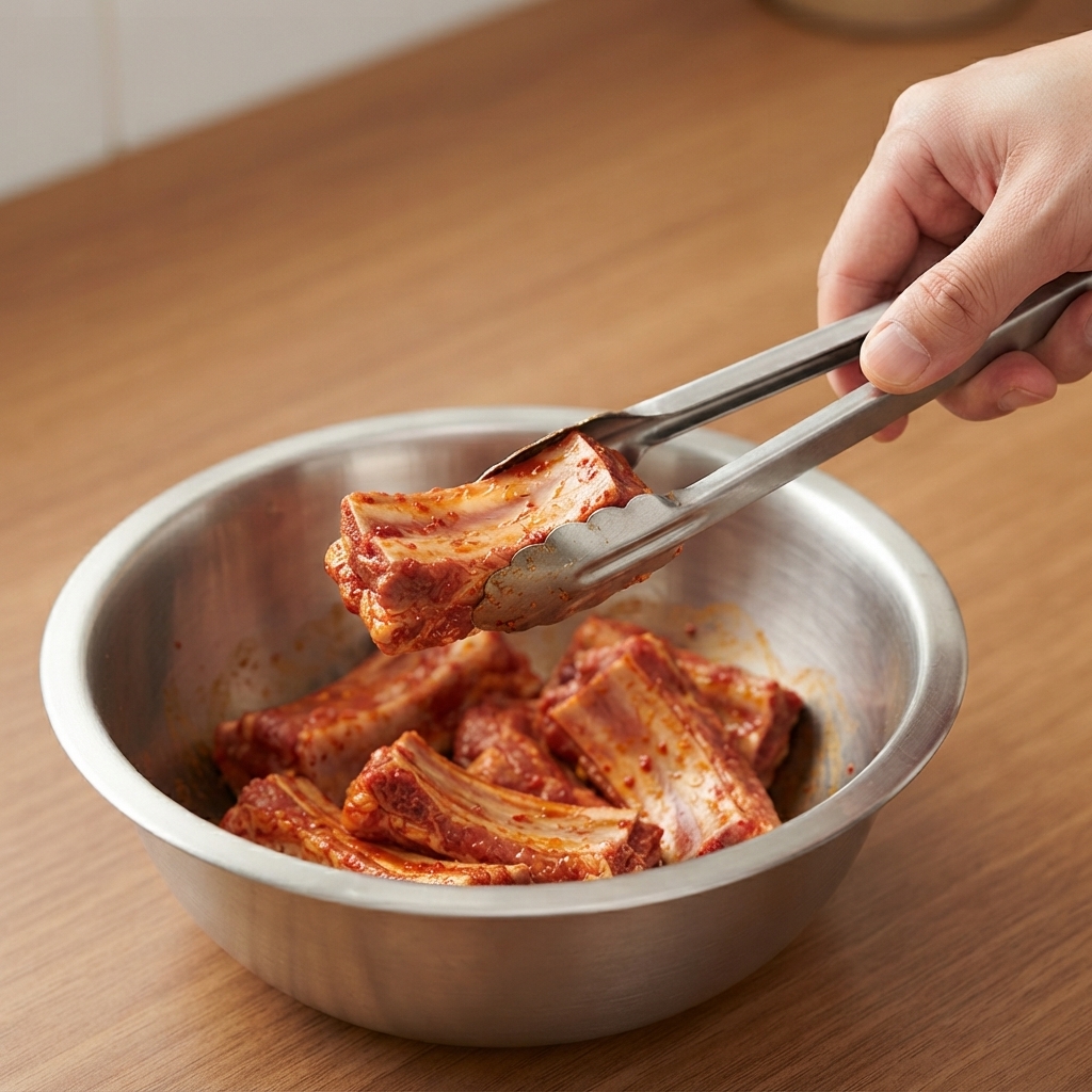 Pinze di metallo che raccolgono un pezzo di costina di maiale marinata vicino a una ciotola piena di ingredienti per spiedini.