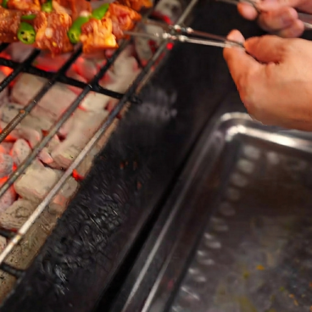 Mani che posizionano spiedini di carne e peperoni verdi su una griglia a carbone nera.