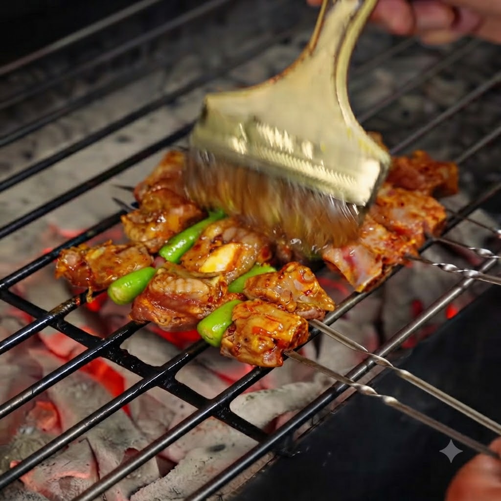Un pennello largo che applica olio su carne e peperoni infilzati in cottura su una griglia a carbone.