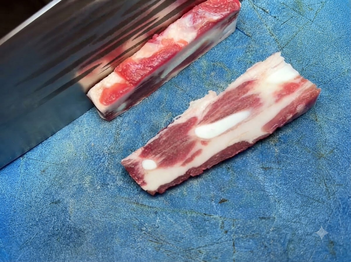 Un coltello affilato taglia la carne cruda delle costine in piccoli pezzi su un tagliere blu.