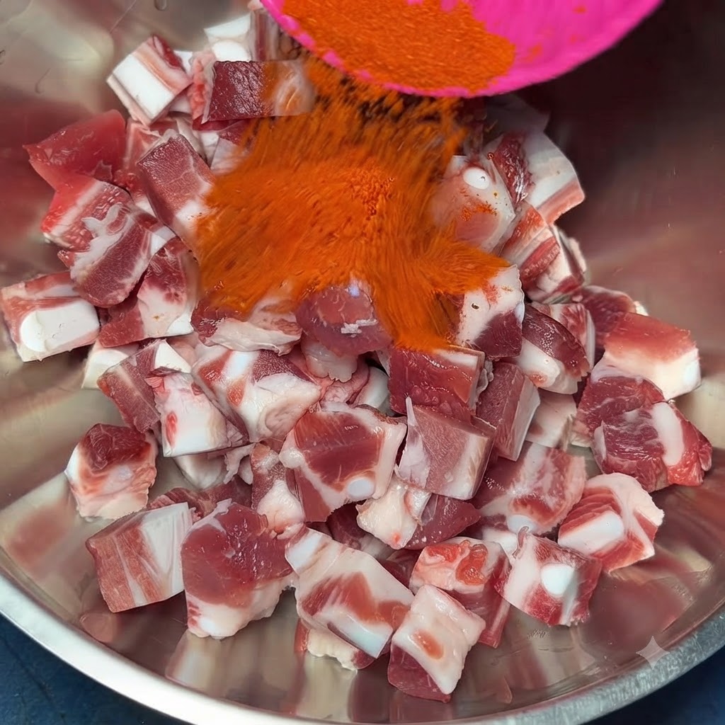 Peperoncino rosso in polvere versato da un cucchiaio rosa in una ciotola di metallo piena di cubetti di costine di maiale.