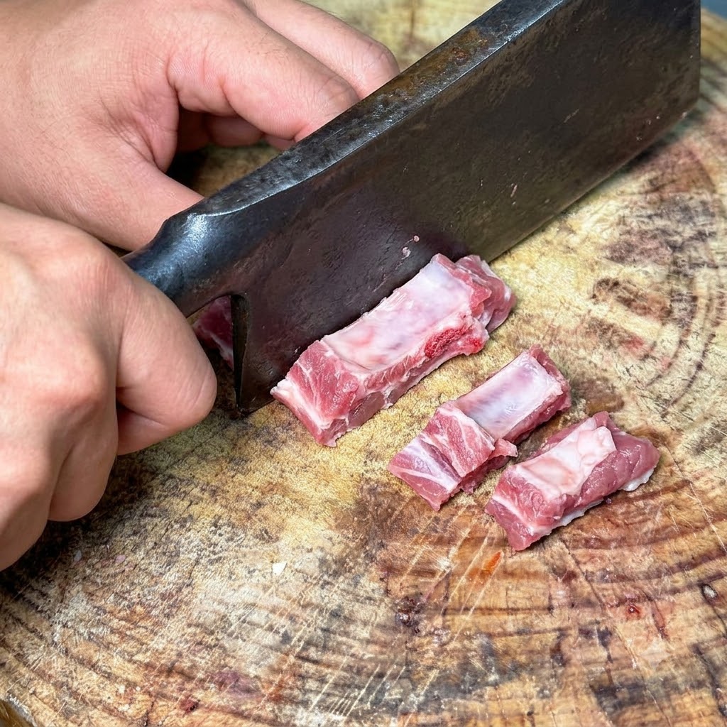 Costine di maiale tagliate a piccoli pezzi a misura di boccone con una mannaia pesante su un tagliere di legno.