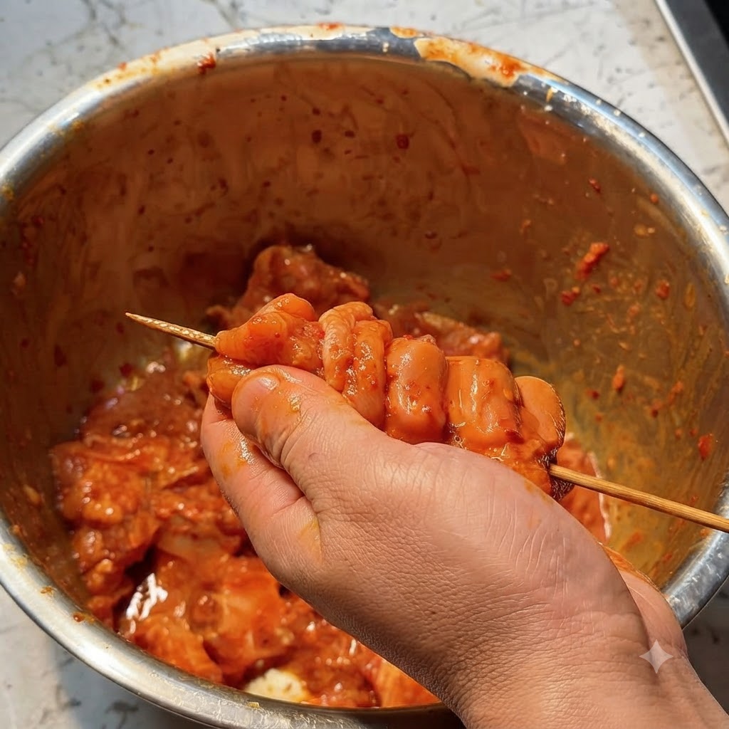 Pezzi di costine di maiale marinate infilzati con cura su spiedini di legno uno per uno.
