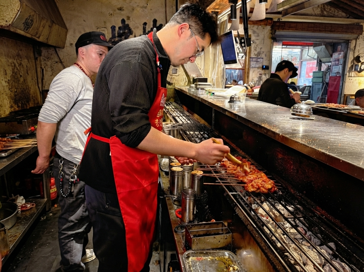 Olio spennellato sulle costine di maiale alla griglia infilzate su una griglia a carbone calda.