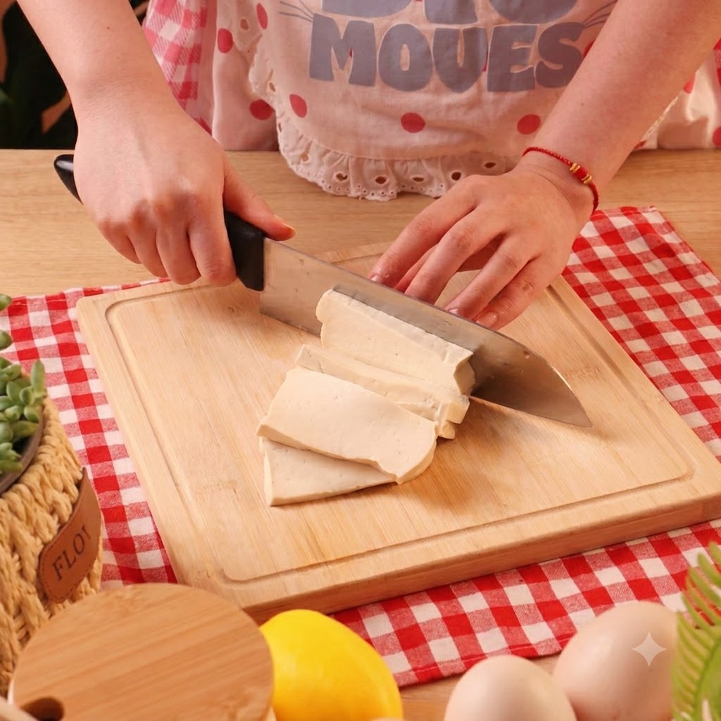 Un blocco di tofu tagliato a fette spesse su un tagliere di legno con un coltello da cucina.