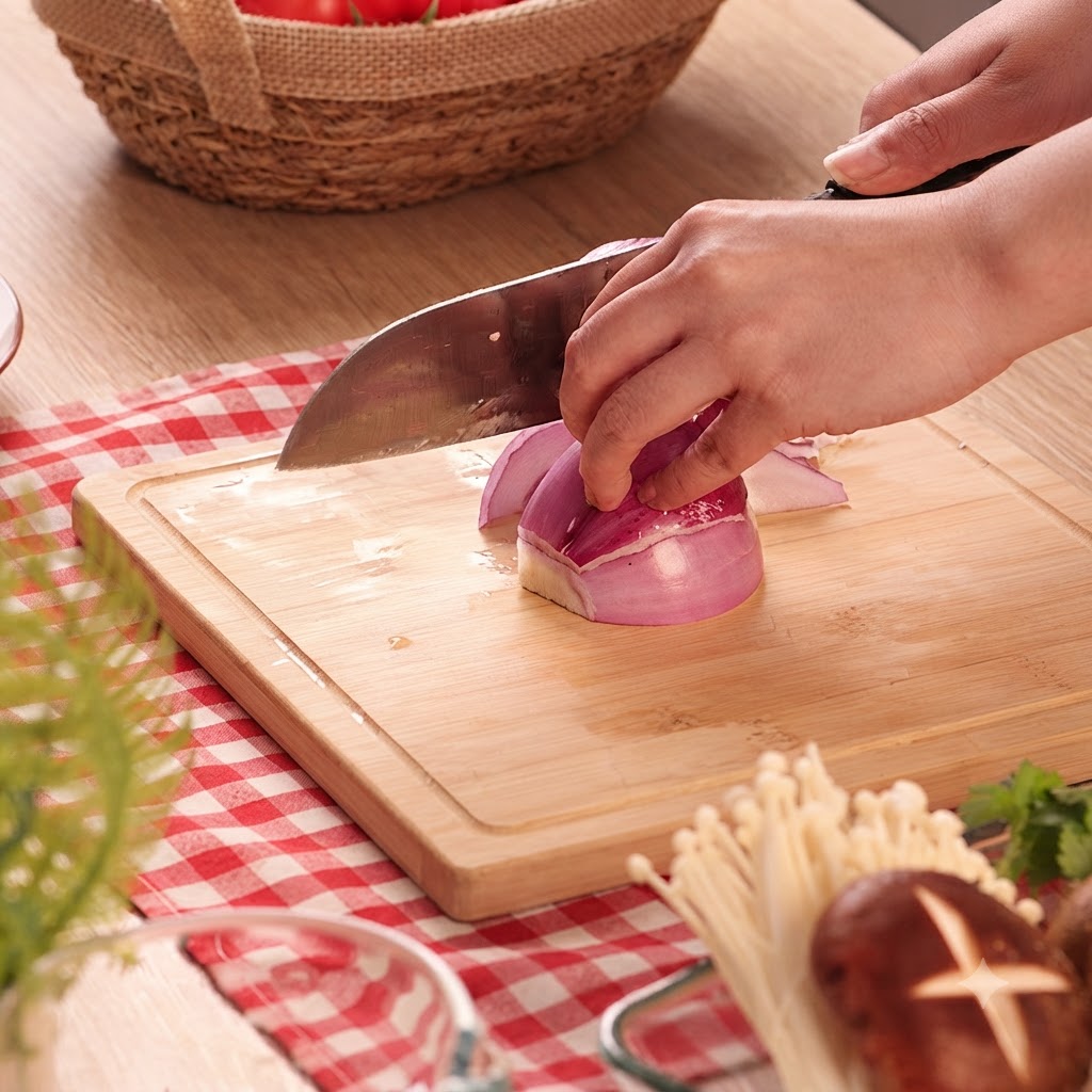 Una cipolla rossa tagliata a metà su un tagliere di legno con un coltello.