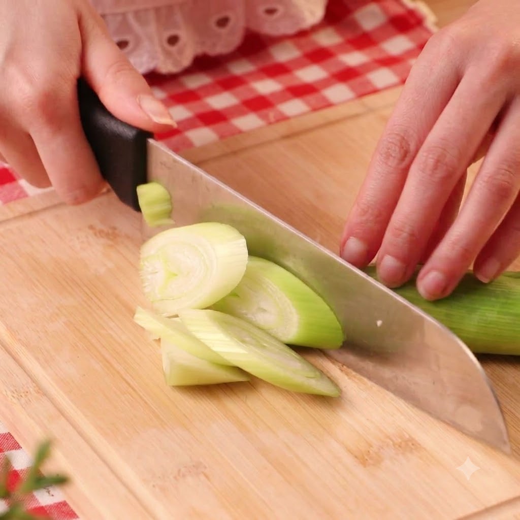 Cipollotti affettati a rondelle su un tagliere di legno.