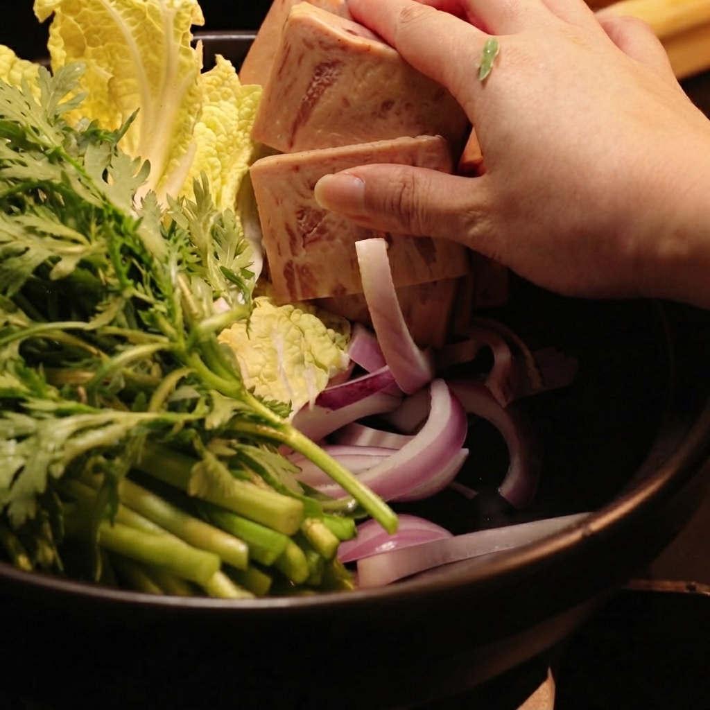 Fette di carne in scatola disposte allinterno della pentola con le verdure.