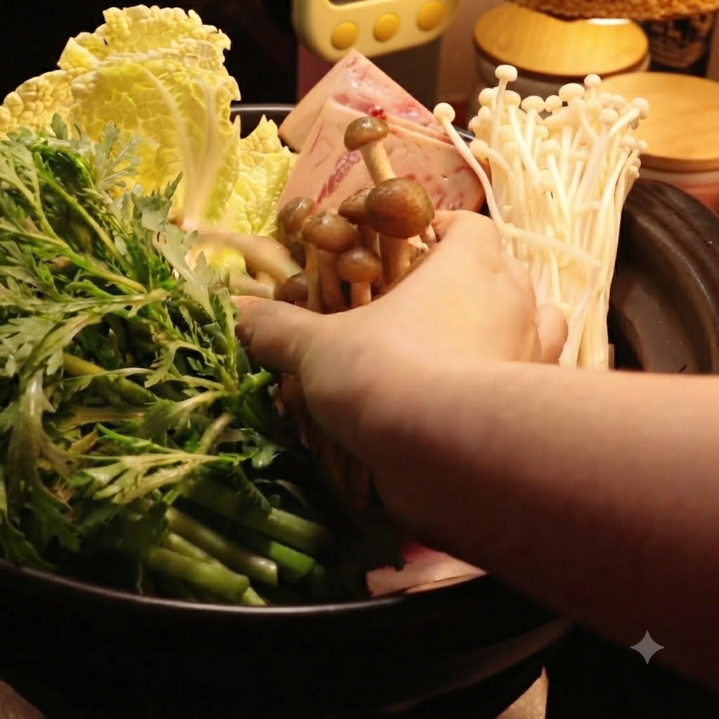 Funghi enoki e shiitake aggiunti alla pentola insieme al resto degli ingredienti.