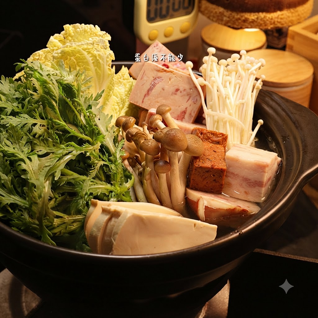 Tofu affettato posizionato allinterno di un hot pot in ceramica scura riempito con varie verdure e funghi.