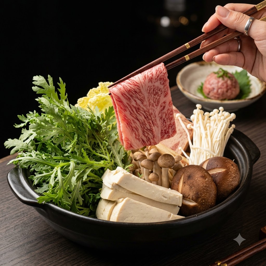 Un paio di bacchette che tengono una fetta di manzo marmorizzato sopra gli ingredienti dellhot pot.