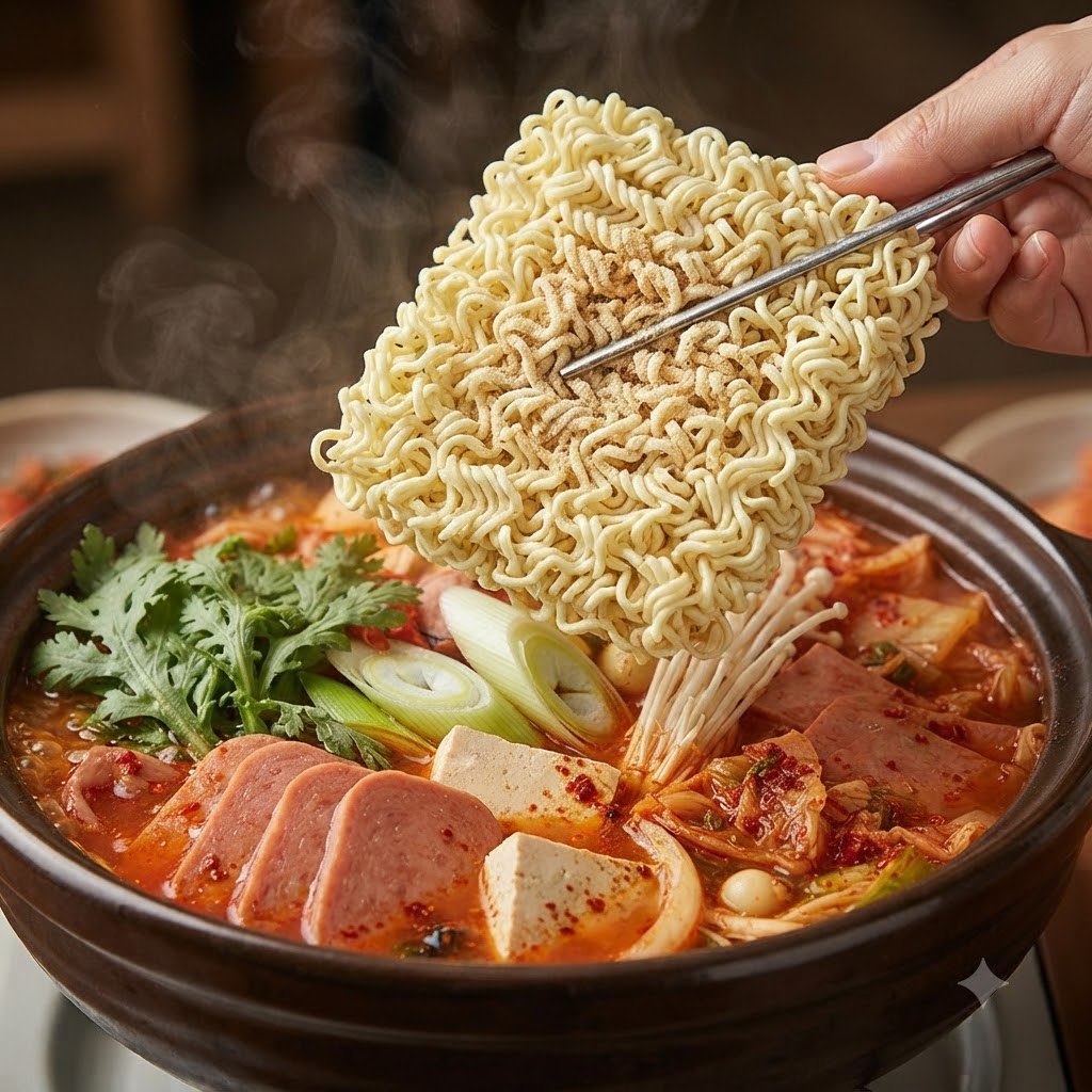Un panetto di noodles ramen istantanei posizionato sopra una pentola ribollente di ingredienti per stufetto militare.