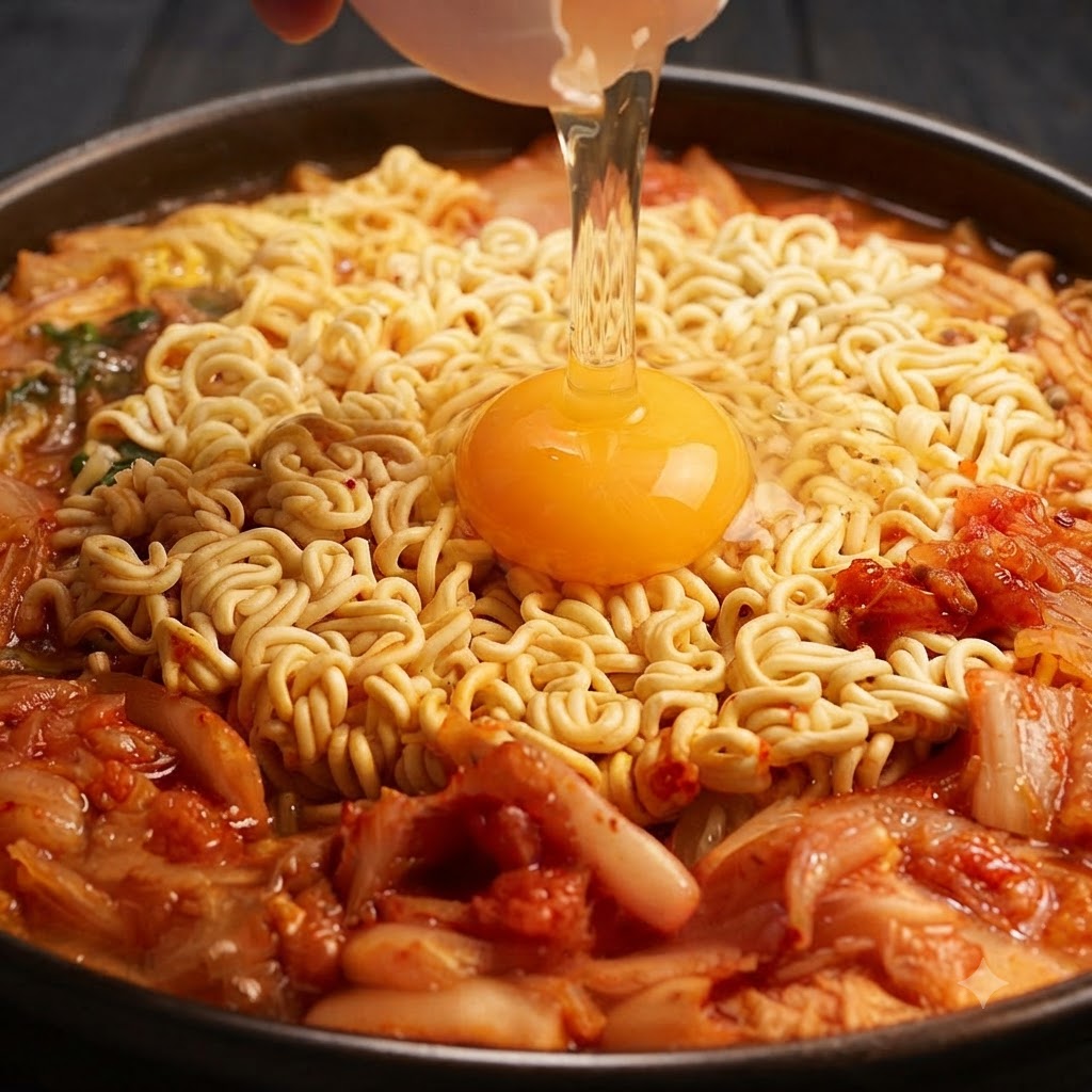 Un uovo crudo aperto, con tuorlo e albume che colano direttamente al centro dei noodles ramen in una pentola.