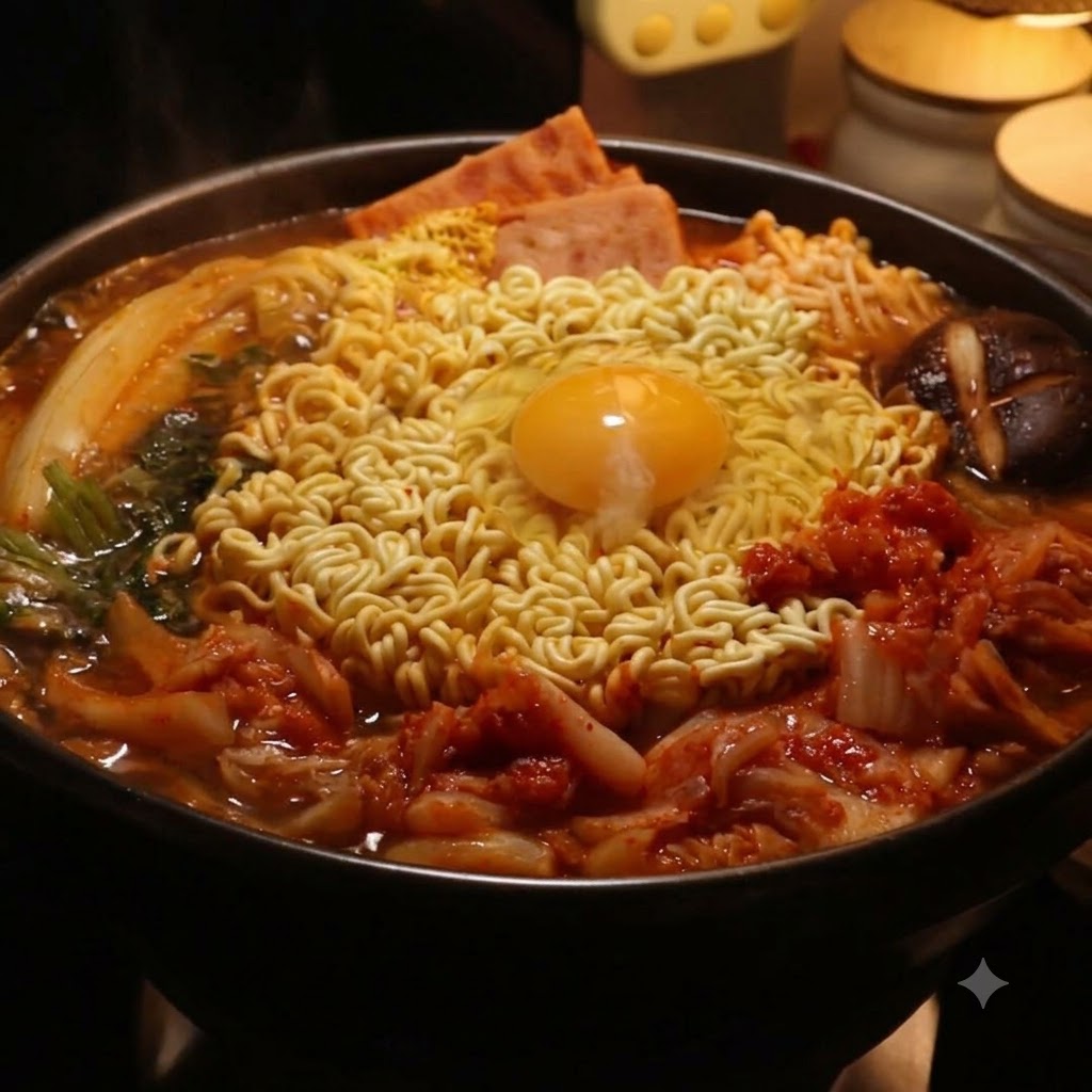 Una pentola di stufetto militare con ramen e un uovo coperta con un coperchio durante il processo di cottura a fuoco lento.