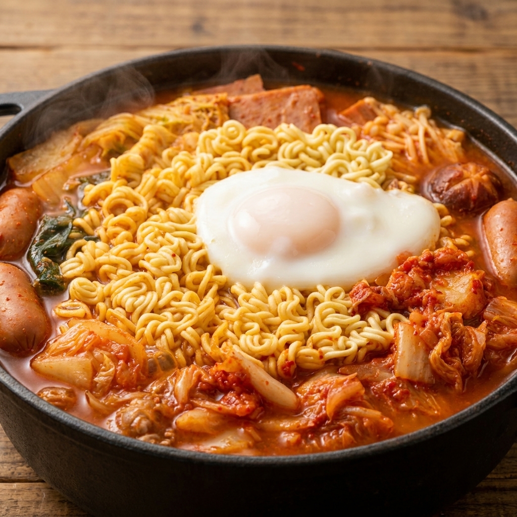 Semi di sesamo nero cosparsi su un uovo cotto adagiato sopra i noodles ramen in una pentola di stufetto.